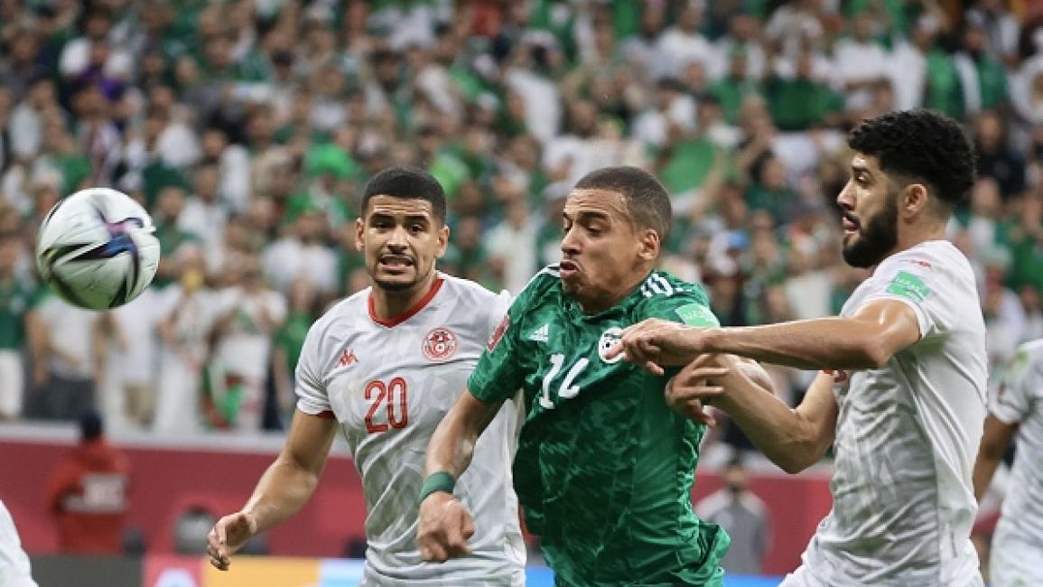 AL KHOR, QATAR - DECEMBER 18: Sofiane Bendebka (2nd R) of Algeria in action during the FIFA Arab Cup final match between Tunisia and Algeria at Al Bayt stadium in Al Khor, Qatar on December 18, 2021 (Photo by Mohammed Dabbous/Anadolu Agency via Getty Images)	