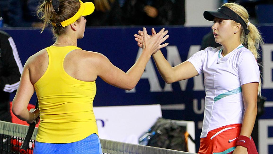 MONTERREY, MEXICO - MARCH 01: Elina Svitolina of Ukraine and Anastasia Potapova of Russia shake hands after a match between Anastasia Potapova of Russia and Elina Svitolina of Ukraine as part of Day 4 of the GNP Seguros WTA Monterrey Open 2022 at Estadio GNP Seguros on March 1, 2022 in Monterrey, Mexico. (Photo by Gonzalo Gonzalez/Jam Media/Getty Images)	