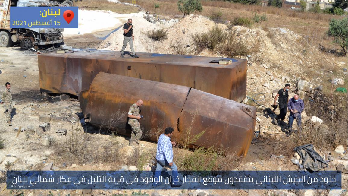 جنود من الجيش اللبناني يتفقدون موقع انفجار خزان الوقود في قرية التليل في عكار شمالي لبنان 