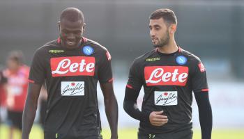 NAPLES, ITALY - OCTOBER 31: Fauzi Ghoulam and Kalidou Koulibaly during an SSC Napoli training session on October 31, 2018 in Naples, Italy. (Photo by Ciro Sarpa SSC NAPOLI/SSC NAPOLI via Getty Images)