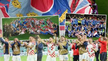 Volunteers hold a giant flag of Croatia on the pitch before the start of the Qatar 2022 World Cup quarter-final football match between Croatia and Brazil at Education City Stadium in Al-Rayyan, west of Doha, on December 9, 2022. (Photo by Anne-Christine POUJOULAT / AFP) (Photo by ANNE-CHRISTINE POUJOULAT/AFP via Getty Images)