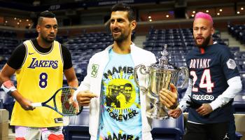 MELBOURNE, AUSTRALIA - JANUARY 27: Nick Kyrgios of Australia warms up wearing a number 8 Kobe Bryant Jersey ahead of his Men's Singles fourth round match against Rafael Nadal of Spain on day eight of the 2020 Australian Open at Melbourne Park on January 27, 2020 in Melbourne, Australia. (Photo by Hannah Peters/Getty Images)