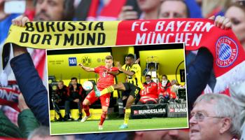 DORTMUND, GERMANY - OCTOBER 08: Joshua Kimmich of Bayern Muenchen andYoussoufa Moukoko of Borussia Dortmund battle for the Ball during the Bundesliga match between Borussia Dortmund and FC Bayern München at Signal Iduna Park on October 8, 2022 in Dortmund, Germany. (Photo by Joachim Bywaletz/DeFodi Images via Getty Images)